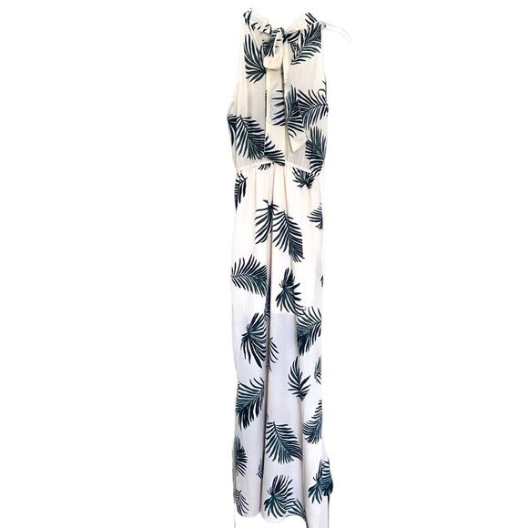 Vici Dolls Cream Green Palm Print High Neck Side Slit Resort Maxi Dress Small - Picture 2 of 6
